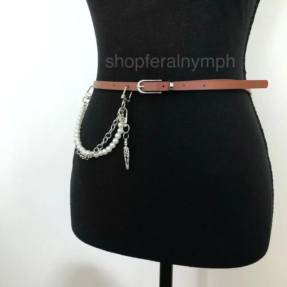 Vintage Y2K Whimsygoth Skeleton Pearl Chain Belt, Fits 33–36 Inches, X7GA1193